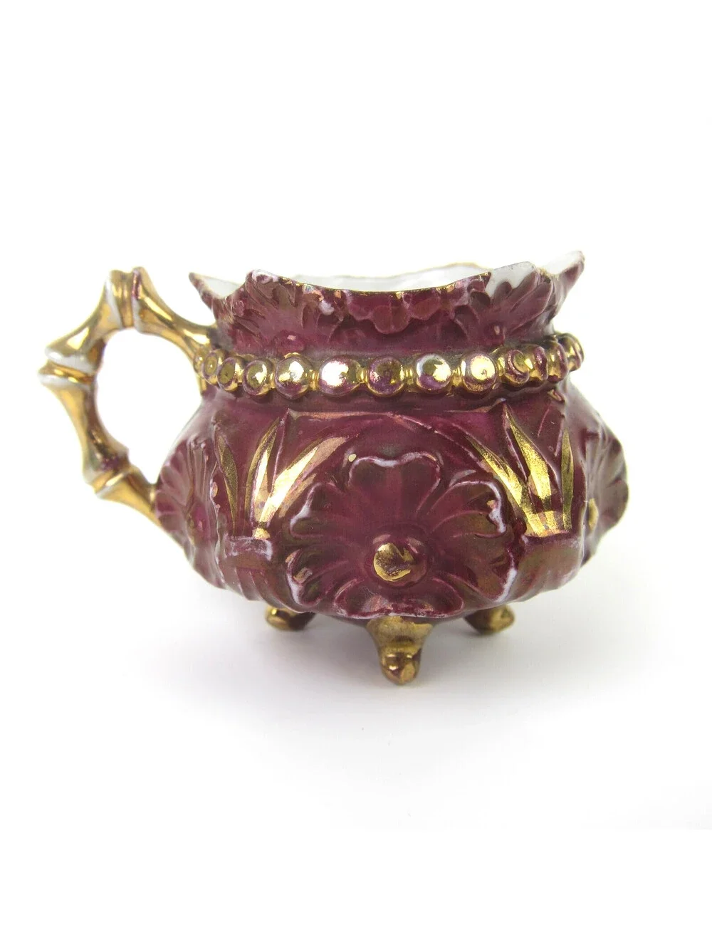 Antique Porcelain Footed Tea Cup & Saucer Set Burgundy & Gold Floral Demitasse